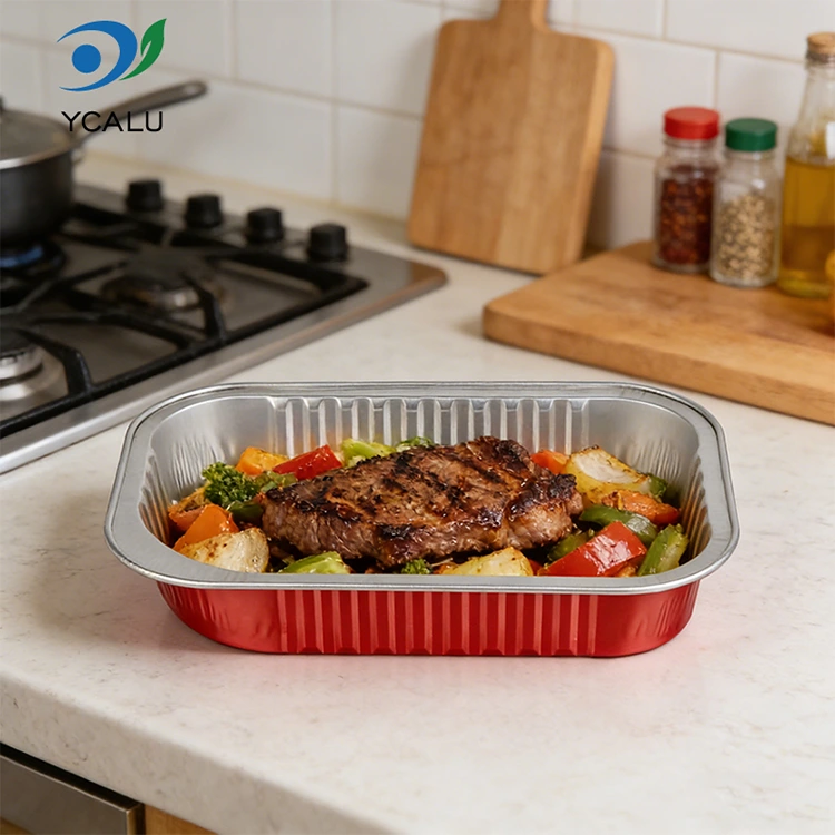 Rdeče kvadratne posode iz aluminijaste folije za gostinstvo za enkratno uporabo